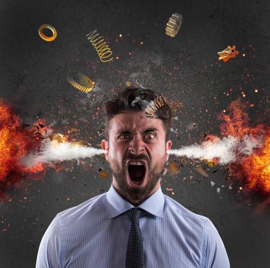 Head explosion of a businessman. concept of stress due to overwork clipart