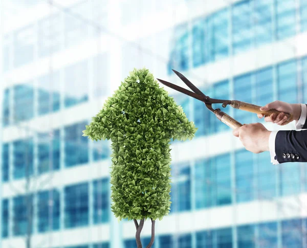 Empresario que corta y ajusta una planta con forma de flecha. Concepto de startup. Renderizado 3D — Foto de Stock