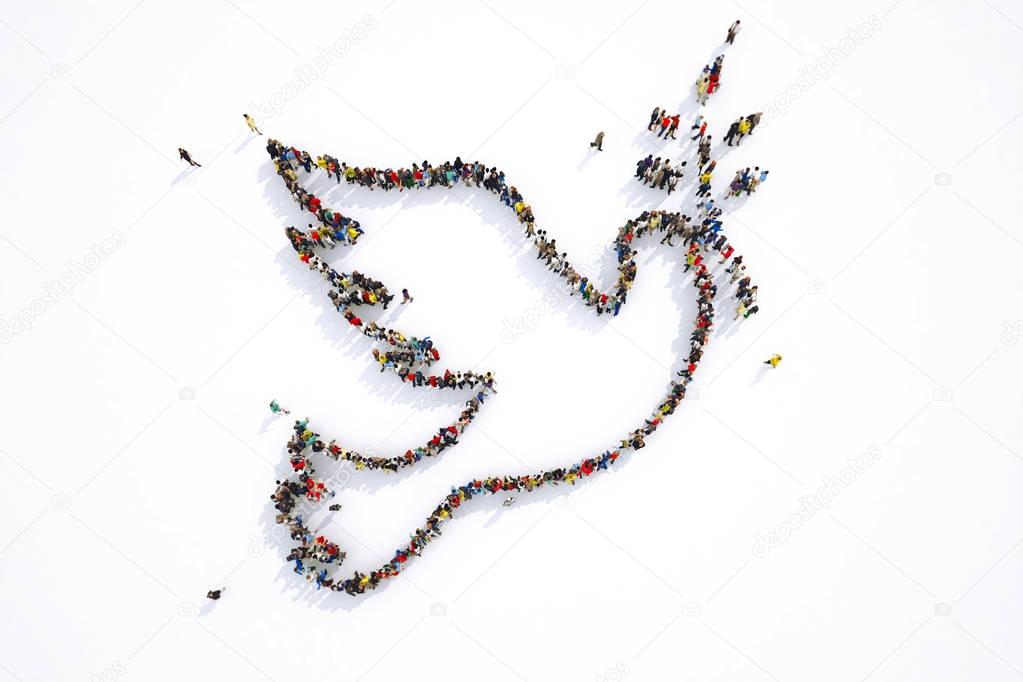 Many people together in a pigeon shape. 3D Rendering