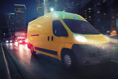 Hızlı van geceleri teslim bir şehir yolda. 3D render
