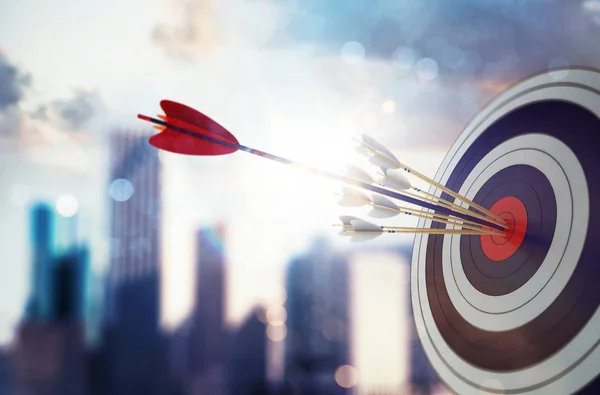 Arrow hit the center of target with modern skyscraper background. Business target achievement concept. 3D Rendering — Stock Photo, Image