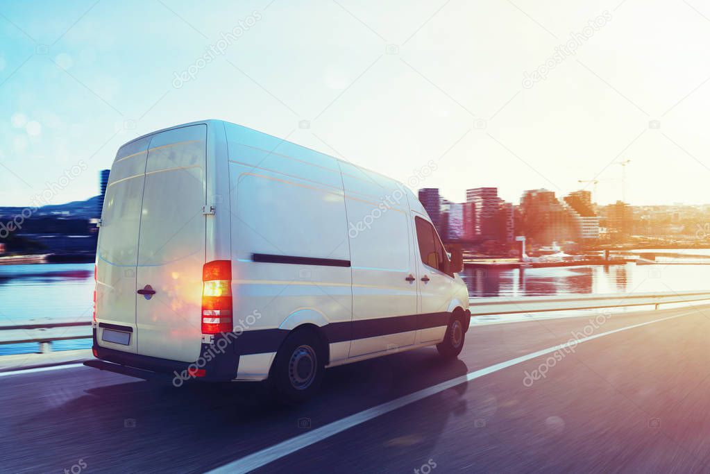 Van run fast on the highway to deliver. 3D Rendering