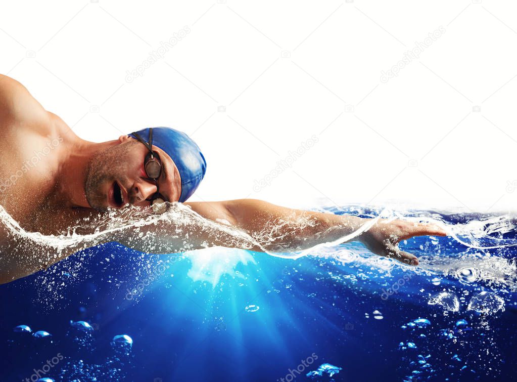 Boy swims in a blue deep water . white space for your text