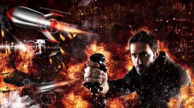 Adam bir savaş savaş videogames joystick ile çalış
