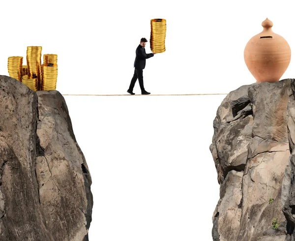 Businessman moves a pile of coins to a moneybox. concept of difficulty to saving money — Stock Photo, Image