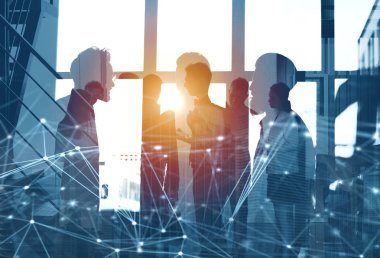 İş adamları Office Internet ağ etkileri ile birlikte çalışır. Takım çalışması ve ortaklık kavramı. Çift pozlama