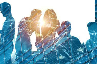 İçinde yazıhane ağ etkisi ile birlikte çalışan iş adamları. Takım çalışması ve ortaklık kavramı. Çift pozlama