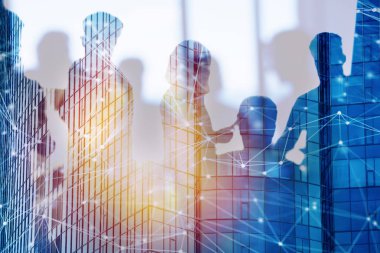 İçinde yazıhane ağ etkisi ile birlikte çalışan iş adamları. Takım çalışması ve ortaklık kavramı. Çift pozlama