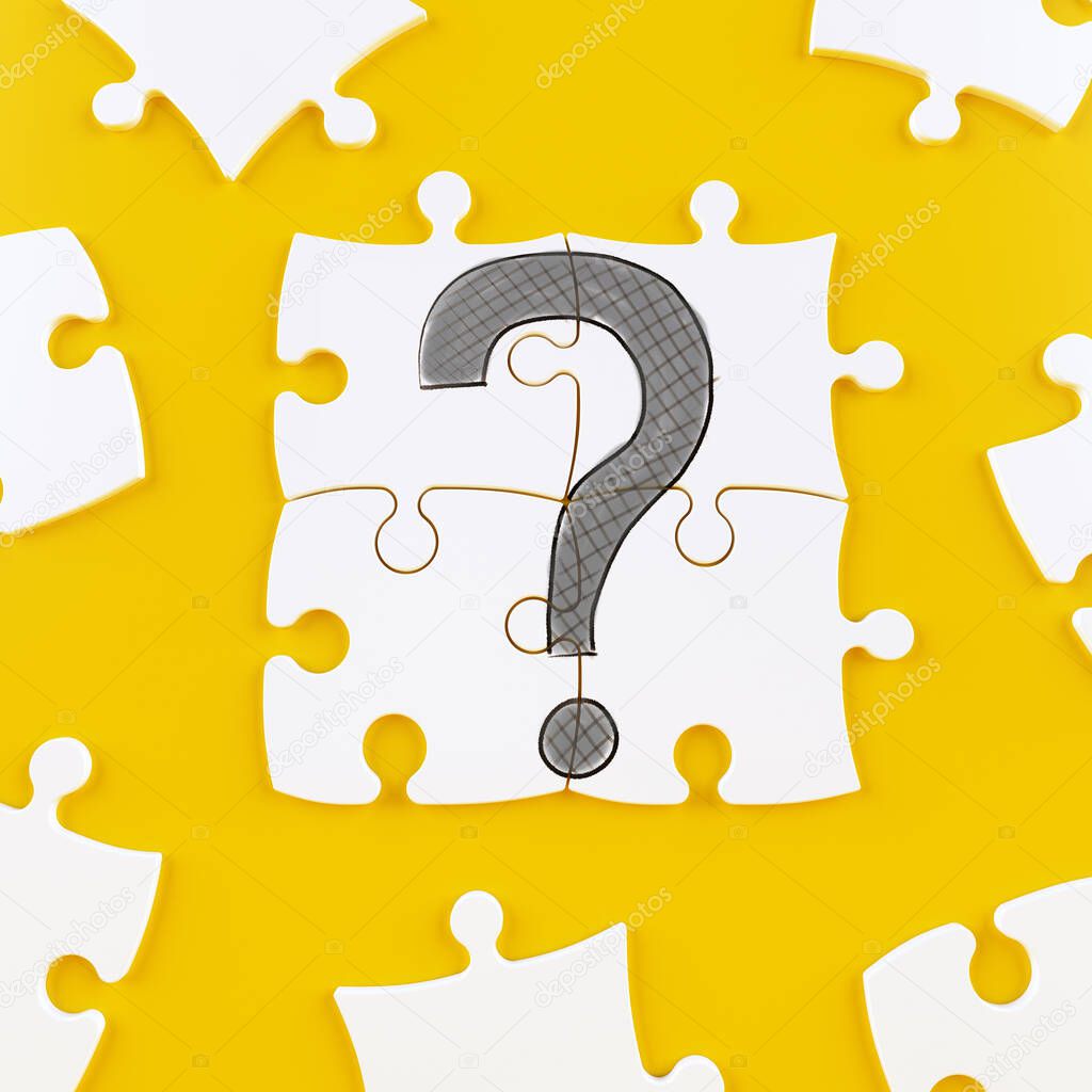 Puzzle tiles on a yellow background forming a question mark