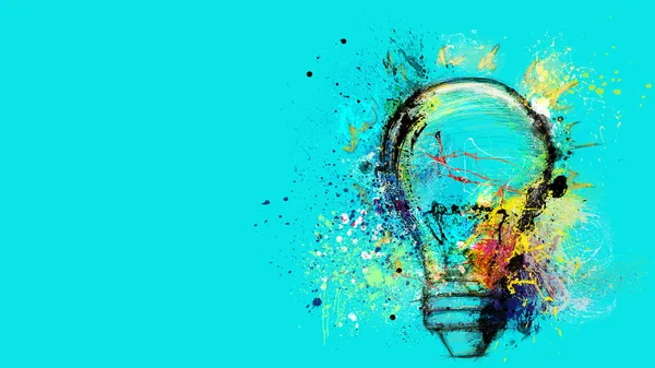Big stylized light bulb on cyan background drawn with splashes of colored paint. Concept of innovation and creativity — Stock Photo, Image