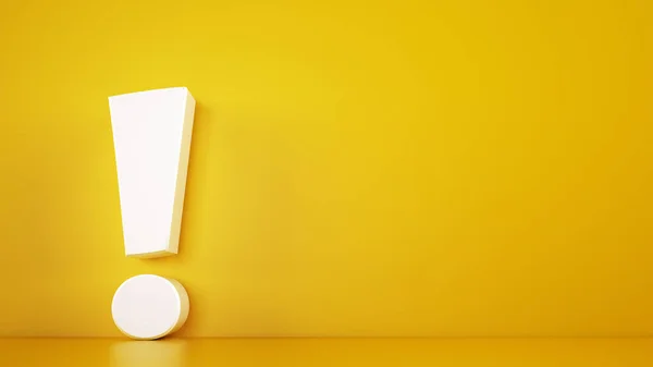 Gran signo de exclamación blanca sobre un fondo amarillo. Renderizado 3D — Foto de Stock