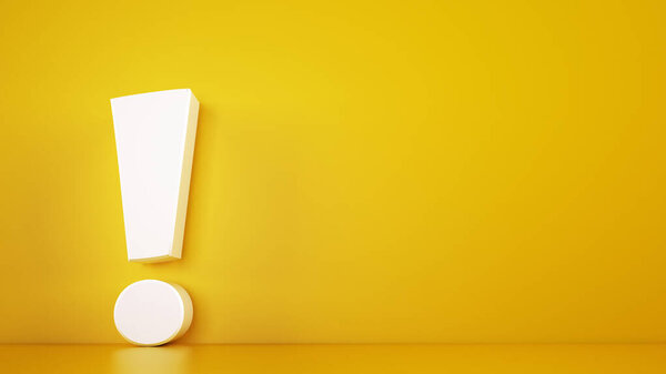 Big white exclamation mark on a yellow background. 3D Rendering