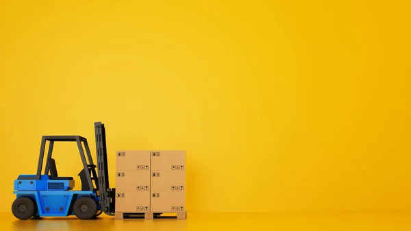 Elektrische blauwe vorkheftruck laadt een houten pallet met dozen op gele ondergrond — Stockfoto