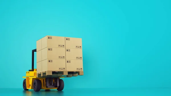 Електричний жовтий навантажувач завантажує дерев'яний піддон з коробками на блакитному фоні — стокове фото