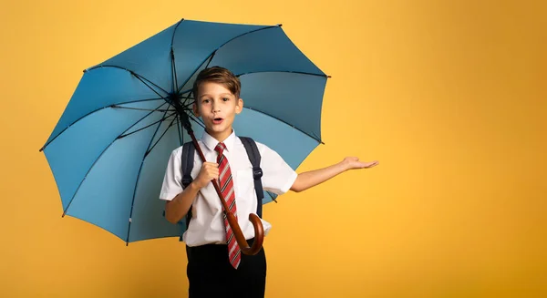 Criança estudante com guarda-chuva azul no fundo amarelo. Expressão surpreendente — Fotografia de Stock