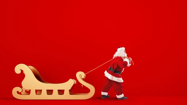 Weihnachtsmann zieht einen großen goldenen Schlitten auf rotem Grund — Stockfoto