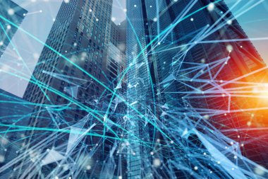 Gece şehirde hızlı bir bağlantı. Soyut teknoloji arkaplanı