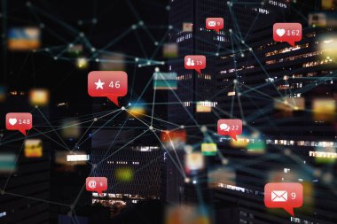 Sosyal ağ simgesi, kalbi, mesajları, e-postaları olan bir şehrin internet ağı. Modern bağlantı.