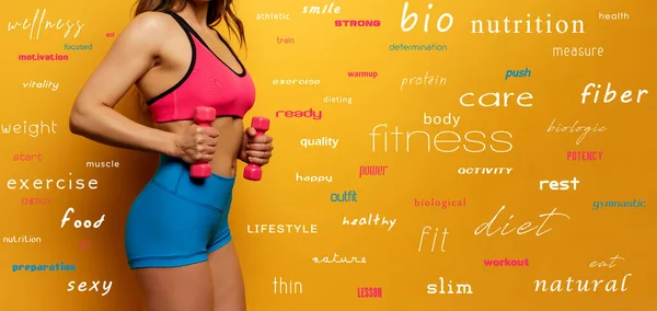 Girl trains with handlebars. yellow color banner — Stock Photo, Image