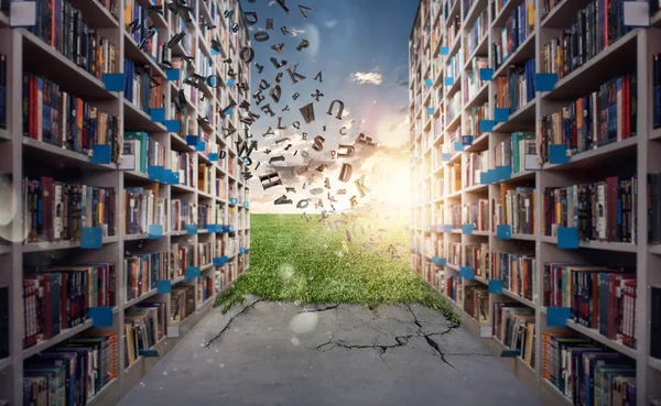 Novo mundo escondido atrás da biblioteca. Livros abrem a mente para a imaginação — Fotografia de Stock