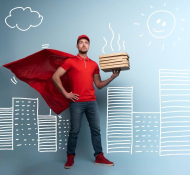 Deliveryman with pizzas acts like a powerful superhero. Concept of success and guarantee on shipment. Studio cyan background clipart