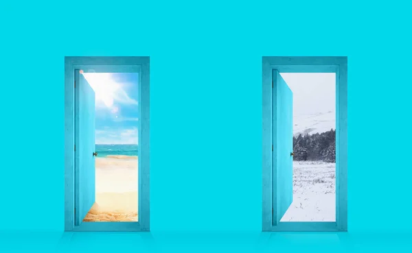 Wybór pomiędzy dwoma drzwiami prowadzącymi do letnich lub zimowych pór roku — Zdjęcie stockowe