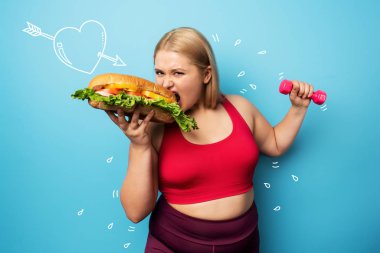 Şişman kız spor yapıyor ve sandviç yemek istiyor. Kararsızlık ve şüphe kavramı