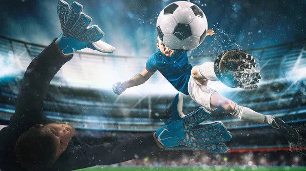 Футбольный нападающий бьет по мячу акробатическим ударом в воздух на стадионе в ночном матче — стоковое фото