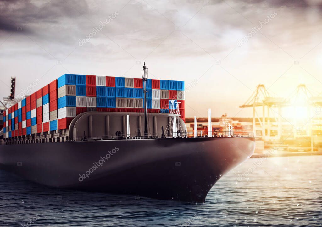 Cargo ship at the port ready to travel with packages. Concept of transportation industry