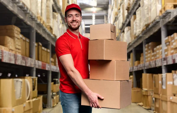 Courier has a lot of boxes to delivery. Emotional expression — Stock Photo, Image