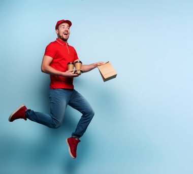 Courier runs fast to deliver quickly ordered breakfast. Cyan background