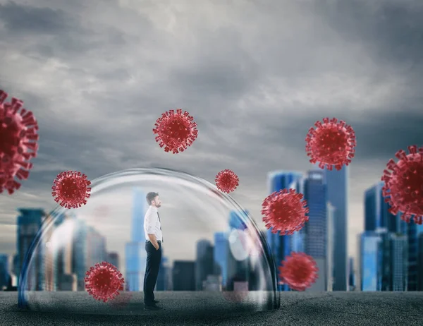 Businessman safely inside a shield dome that protects him from virus. Protection and safety concept — Stock Photo, Image