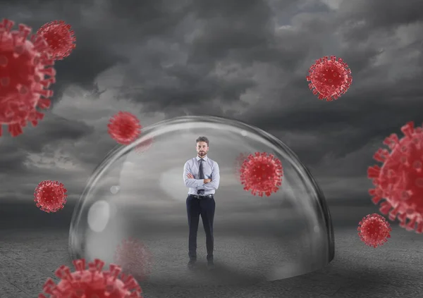 Businessman safely inside a shield dome that protects him from virus. Protection and safety concept — Stock Photo, Image