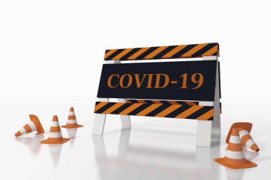 Road sign indicating closure for covid disease 19. 3D Rendering clipart