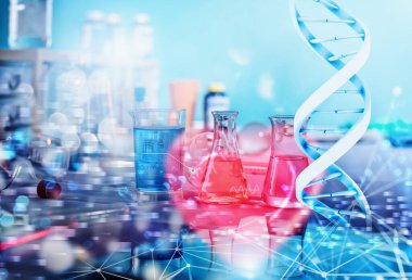 Tıp bilimi laboratuvarı. Teknoloji, tablet ve yazılım kullanılarak virüs ve bakteri araştırması kavramı