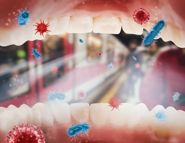 Viral infection concept with viruses and bacteria that infect people through the respiratory tract — Stock Photo, Image