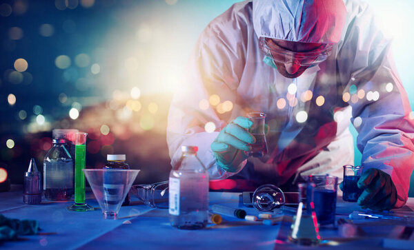Medical researcher tries to find a solution to the virus. Concept of viruses and bacteria research