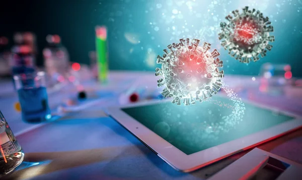 Εργαστήριο Ιατρικής. Έννοια της έρευνας για ιούς και βακτήρια χρησιμοποιώντας τεχνολογία, tablet και λογισμικό — Φωτογραφία Αρχείου