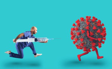 Doktor kolunda büyük bir şırıngayla kaçan virüsü yenmek için koşuyor.
