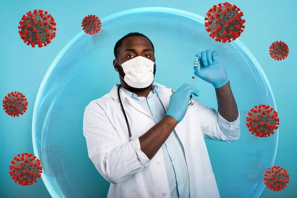Il medico all'interno di una sfera di vetro ha trovato una soluzione per proteggersi contro i coronavirus covid19 . — Foto Stock