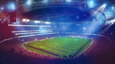 Background of a soccer stadium with light effects full of fans during a night game. 3D rendering clipart