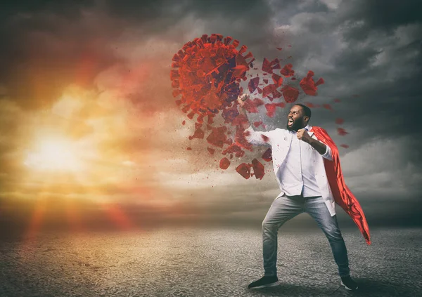 Médico super herói com manto vermelho ganha contra vírus — Fotografia de Stock