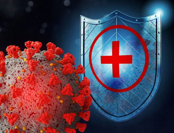 Perisai melindungi dari serangan virus. Konsep berhenti pandemi dari covid 19 virus mahkota. Ilustrasi 3d — Stok Foto