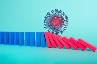 Covid19 Coronavirus salgını konsepti domino oyunu gibi zinciri düşüyor. Bulaşıcı hastalık ve enfeksiyon ilerlemesi. Cyan arkaplanı
