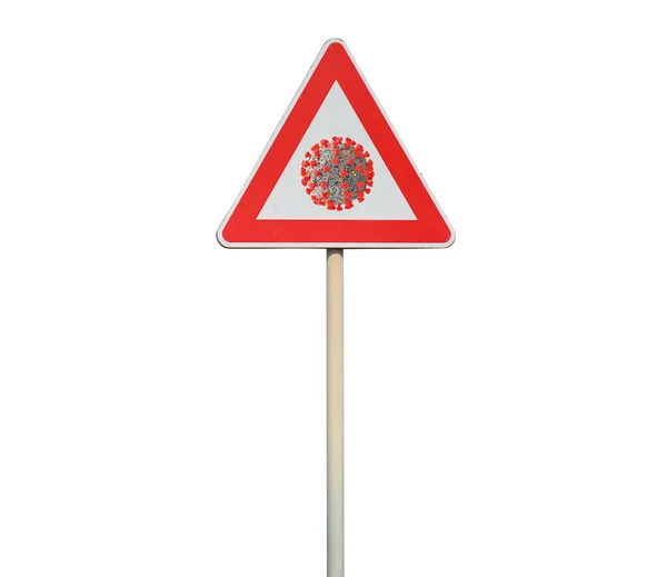 Posto de sinalização com símbolo de coronavírus. Conceito de alerta de vírus covid-19 — Fotografia de Stock