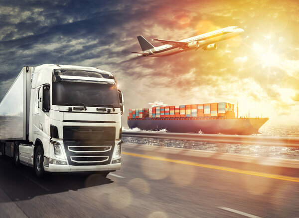 Shipment of goods by sea, by land and by air with cargo ship, truck and airplane at sunset