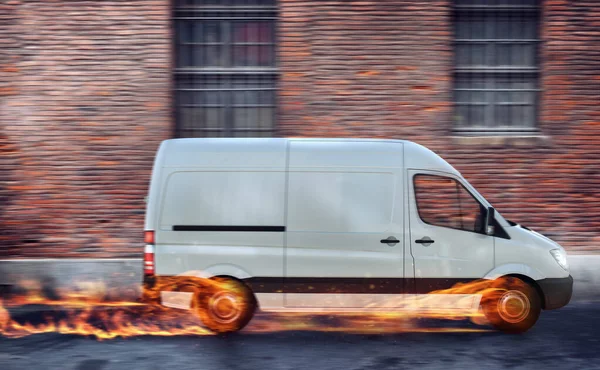 Super fast delivery of package service with van with wheels on fire. — Stock Photo, Image