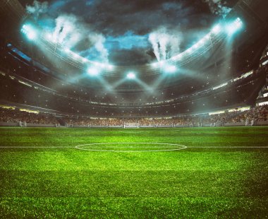 Tribünleri gece maçını bekleyen taraftarlarla dolu futbol stadyumu. 3B Hazırlama
