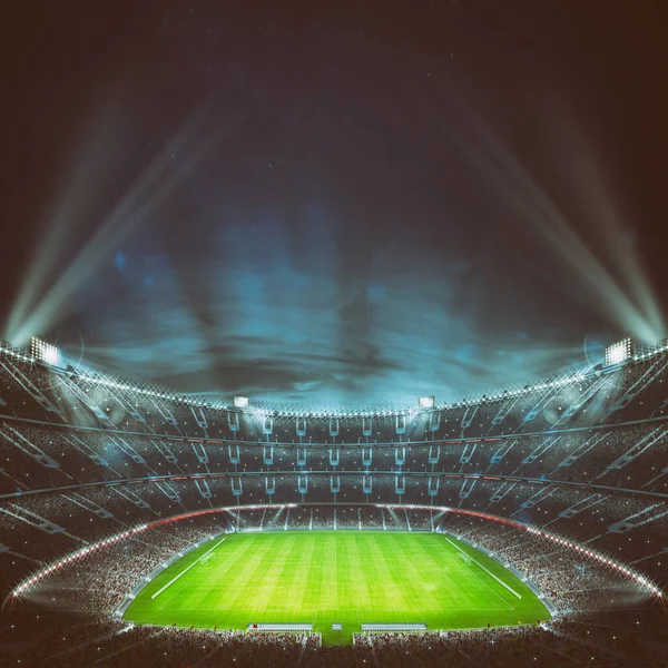 Estadio de fútbol con las gradas llenas de fans esperando el partido de noche. Vista superior. Renderizado 3D — Foto de Stock