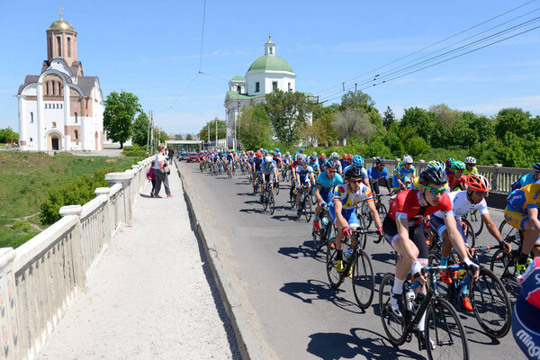 BILA TSERKVA, UKRAINE - MAY 18: The racers are on Bila Tserkva stage of International road race Tour of Ukraine 2017 on May 18, 2017 in Bila Tserkva, Ukraine.